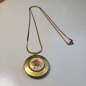 Vintage Glass Floral Locket Necklace Gold Tone Brass Round Etched Romantic